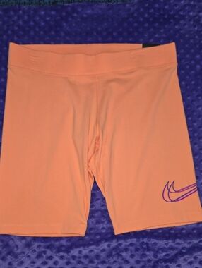 Nike Peach-Orange Bike Shorts with Purple Outline Swoosh